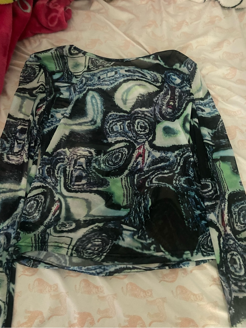 Womens Abstract Print Long-Sleeve Top - Black & Green